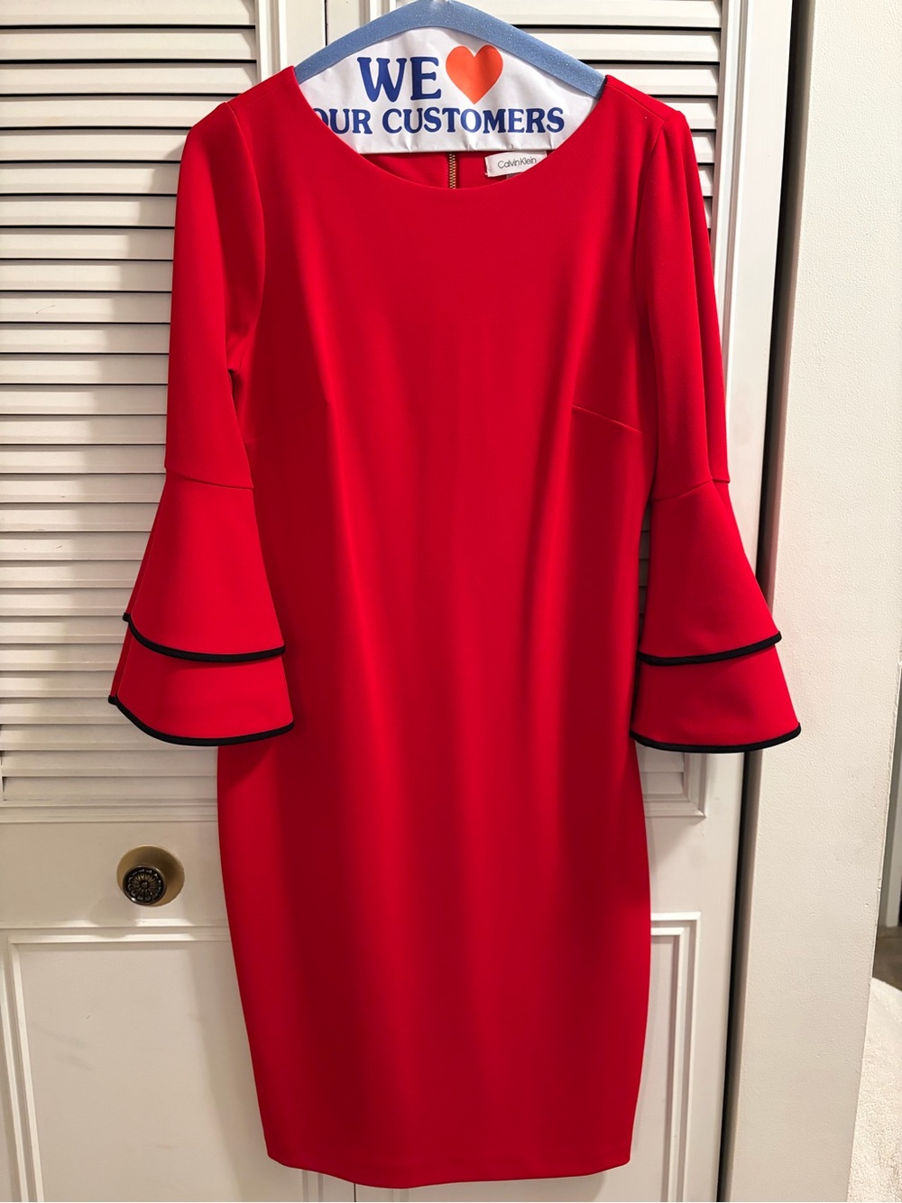 Calvin Klein Red Bell-Sleeve Shift Dress with Black Trim